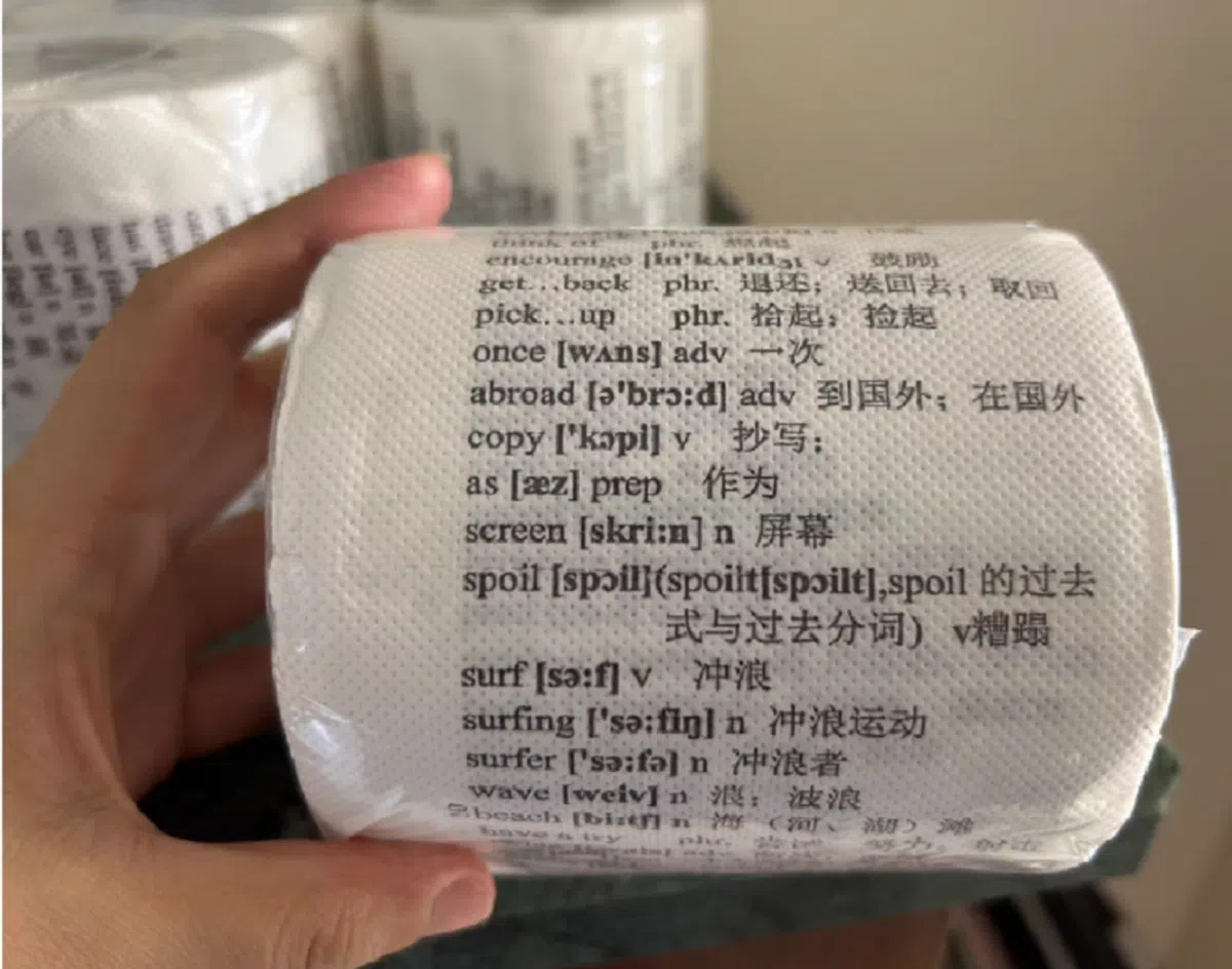 印了满满英语单词与讲解的学霸厕纸。（淘宝网截图）