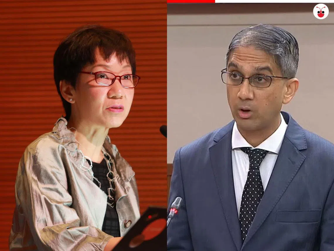 国会领袖傅海燕（左）致函工人党非选区议员贝理安（右），指他质疑新传媒蓄意剪辑国会录像一事是“扭曲事实”，要求他收回“虚假指控”，并向国会道歉。（谢静怡制图）