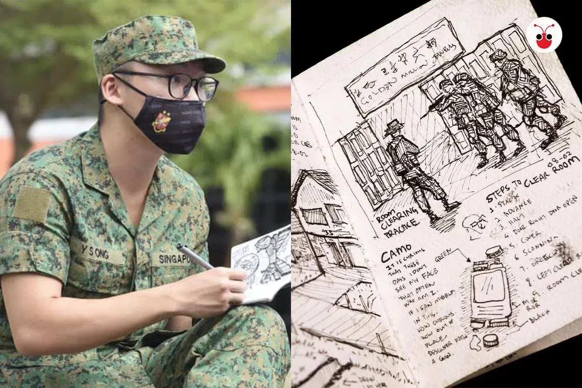 新兵王跃胜（译音，Asher Ong Yue Sheng）提笔记录德光岛的军旅生活。（国防部 / 红蚂蚁制图）