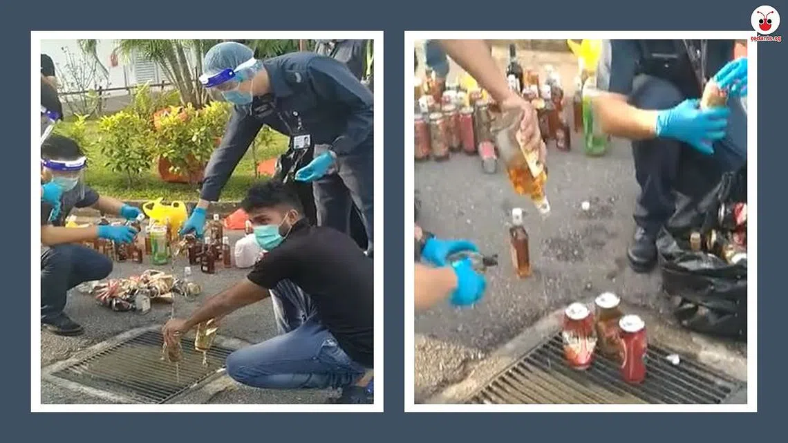 辅警销毁违禁酒水。（面簿视频截图）