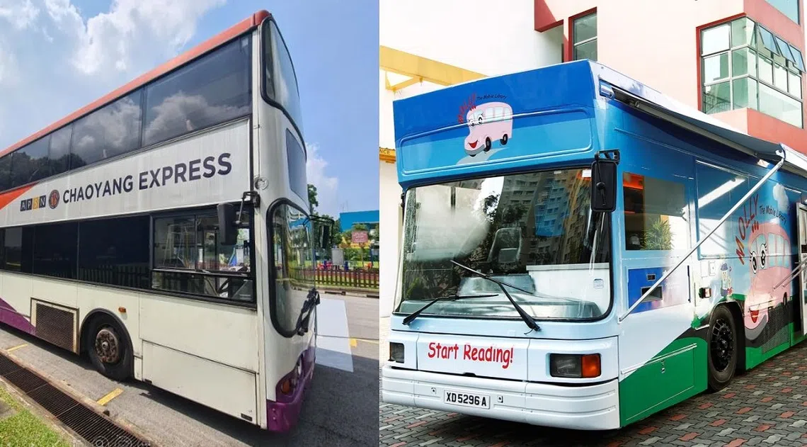 除了停泊在特需学校当教材（左），或改装成“移动图书馆”，本地巴士退役后还有什么“延长寿命”的方法？（取自面簿／海峡时报）