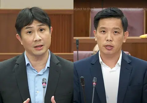 林志蔚（左）和陈圣辉（右）在国会分别阐述反对党及执政党对抗击通膨的看法。（红蚂蚁制图）