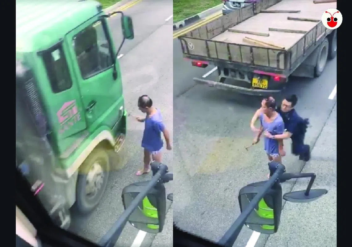 男子手持铁锤砸路过的车辆，还伸出手阻挡车辆去路，最终被警察制伏在地。（陈姿潓制图） 