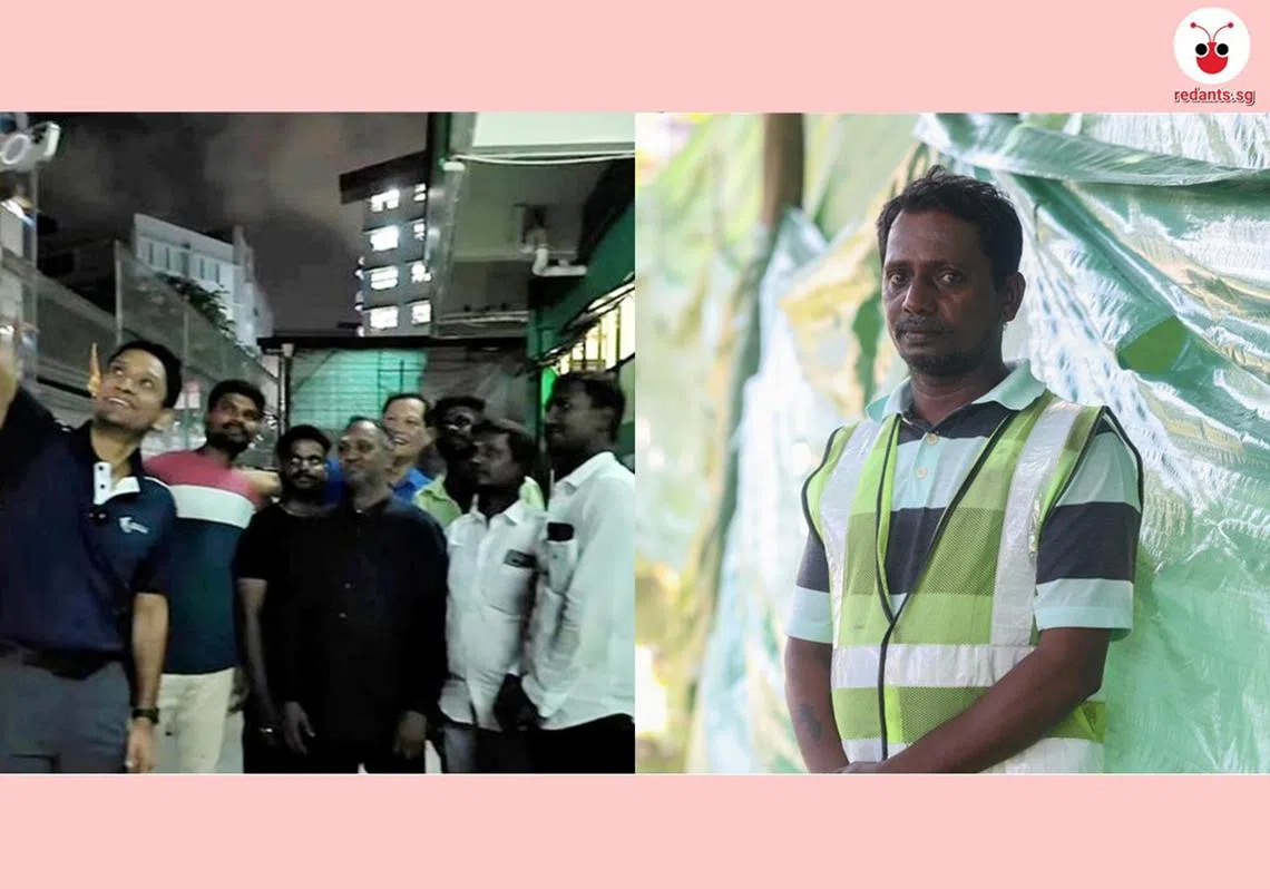 人力部兼文化、社区及青年部政务部长迪内希（左一）7月27日到客工宿舍与客工交流并合照。其中，督工苏比亚（右）在紧急时刻的判断与决策能力受到前官委议员维斯瓦盛赞。（取自狄内希脸书/联合早报）