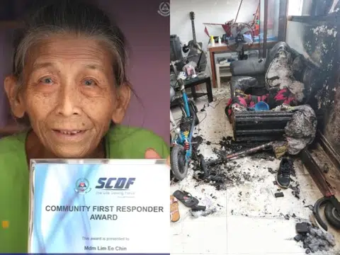 阿嫲林一真获得民防部队颁发的社区先遣急救员奖。（截自民防部队视频/新明日报）