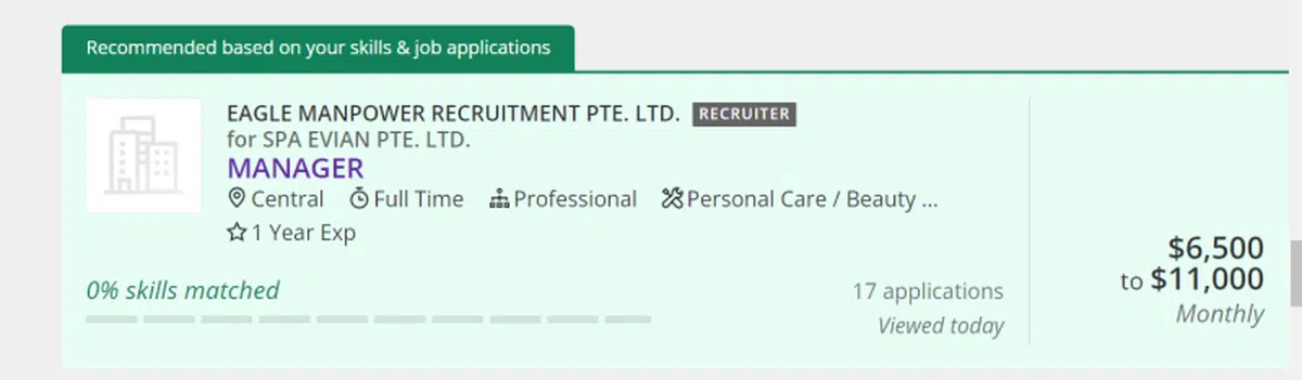 这个“经理”职位，只需要一年的年资。（mycareersfuture截图）