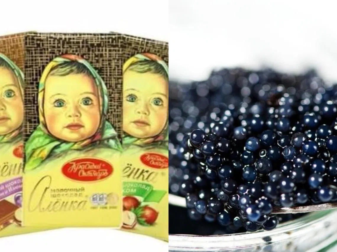 左图为大头娃娃巧克力，它是摆在俄罗斯当地的店里最显眼位置的经典俄式零食。右图为黑鱼子酱。（互联网）