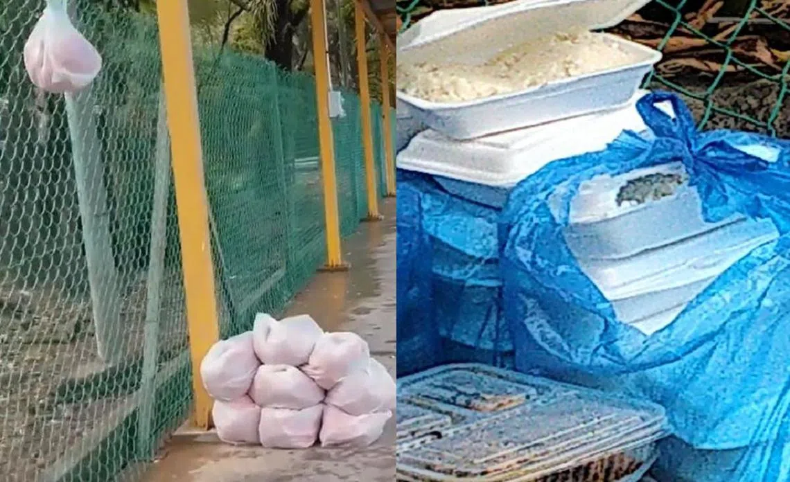 本地媒体发现，好几个客工宿舍外，堆积着无人领取的饭盒。（海峡时报／红蚂蚁制图）