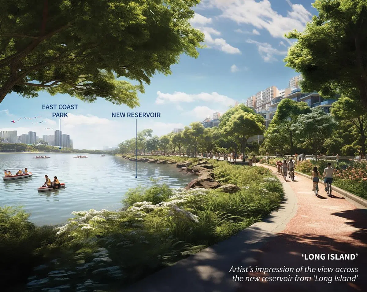构想图右边是新加坡策划填海兴建的“长岛”，落成后可以打造休闲设施和住宅等。从长岛眺望对岸可看到东海岸公园，图中的水域是新的蓄水池。（市区重建局提供）