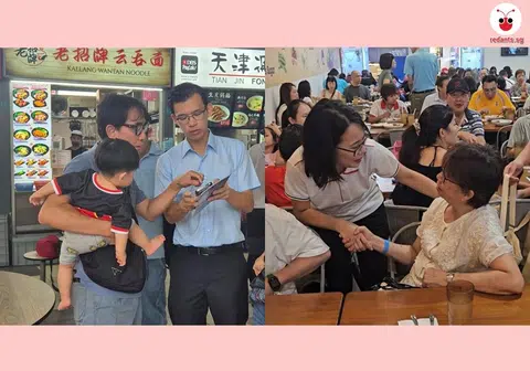 刚当选的工人党阿裕尼集选区议员张文杰（身穿蓝色短袖上衣）与人民行动党蔡厝港集选区议员朱佩玲（身穿白色马球衫）在不同场合与居民互动。（红蚂蚁制图）