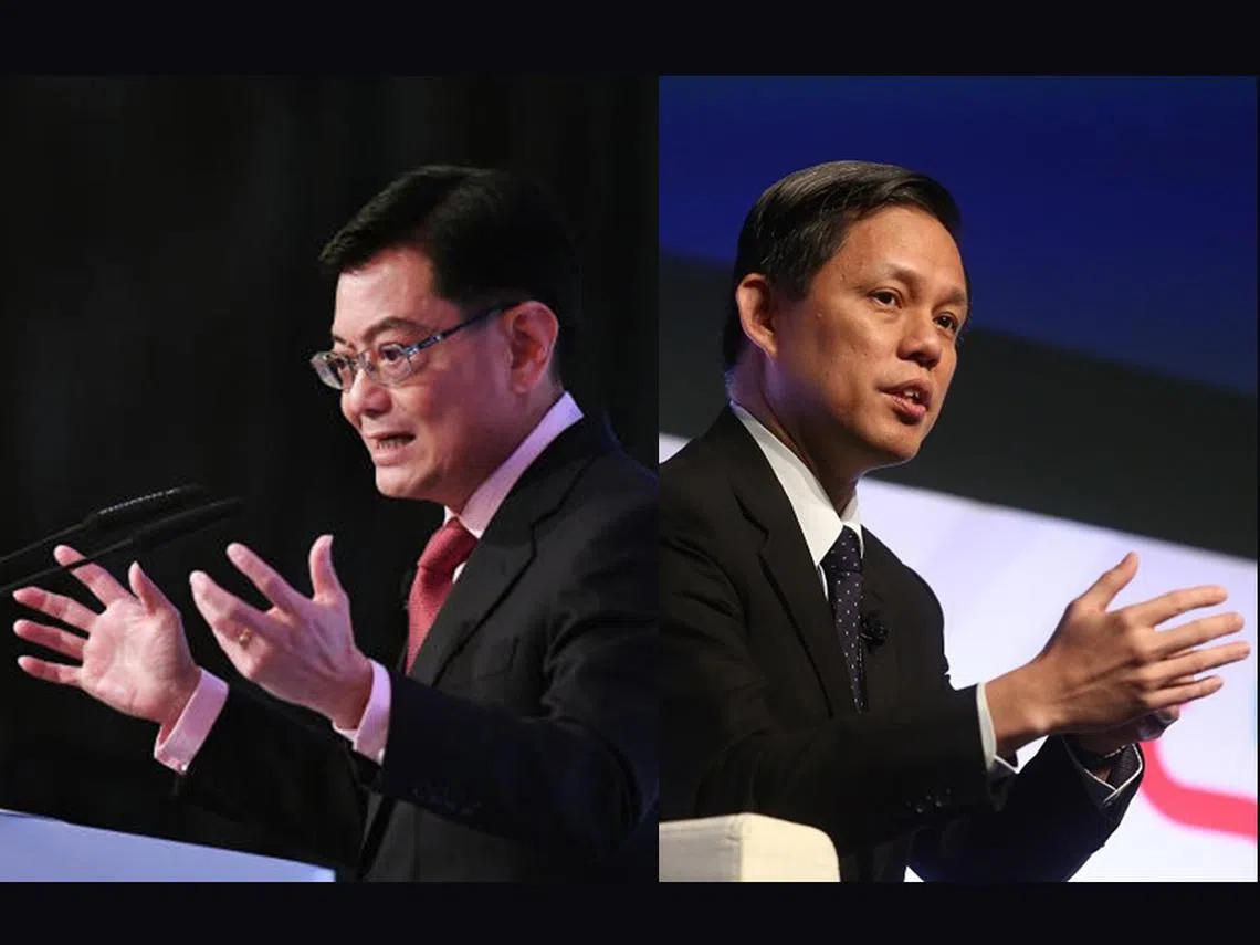 副总理兼财政部长王瑞杰（左）日前在谈话时总结了当前社会的三大矛盾以及政府的应对之道。贸工部长陈振声则表示，政府对下一代的承诺有二：不债留子孙，不欠缺土地。（张丽苹制图）