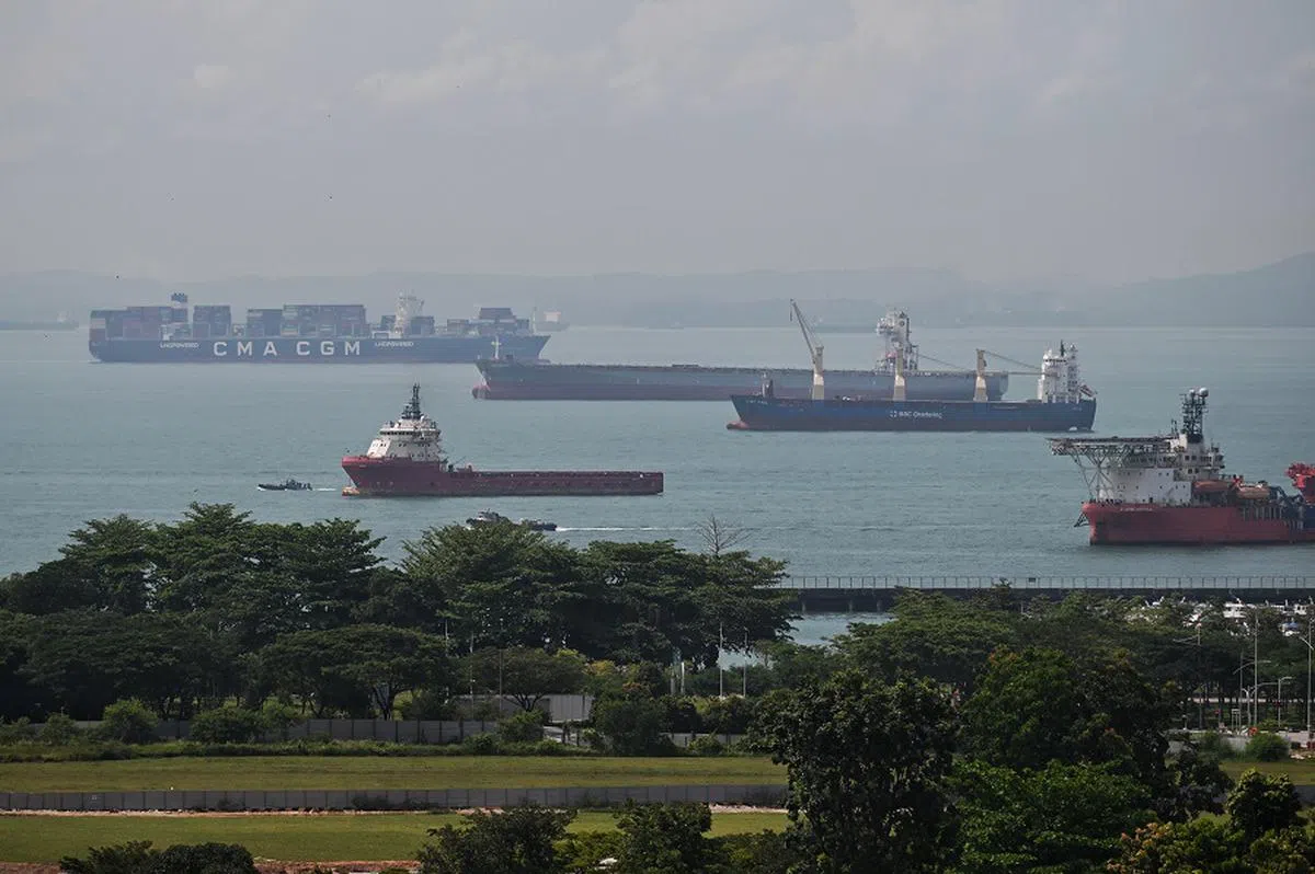 停泊在新加坡水域的船舶。（海峡时报）