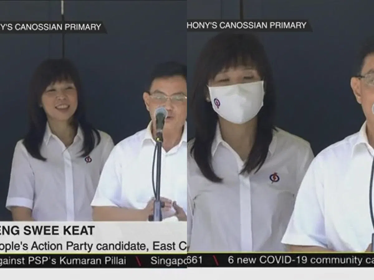  党徽应该在口罩的右边，陈舜娘慌乱中却把口罩里外反过来戴了。（截自视频） 