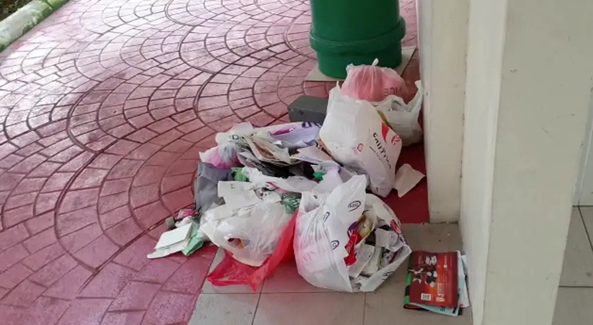  距离清洁工清理垃圾只过了一个晚上，直落布兰雅区的垃圾桶旁又堆满了垃圾。 