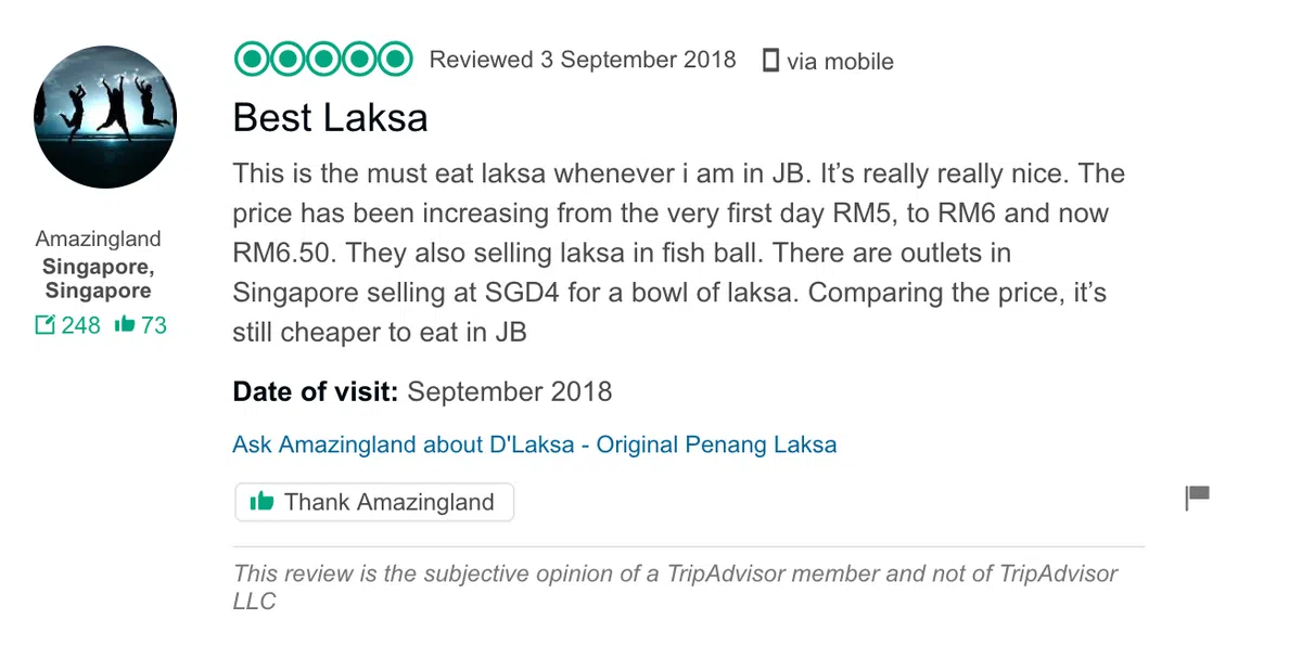  这位网友指出，虽然新加坡也有D’Laksa，但在马来西亚吃还是比较便宜。（TripAdvisor） 
