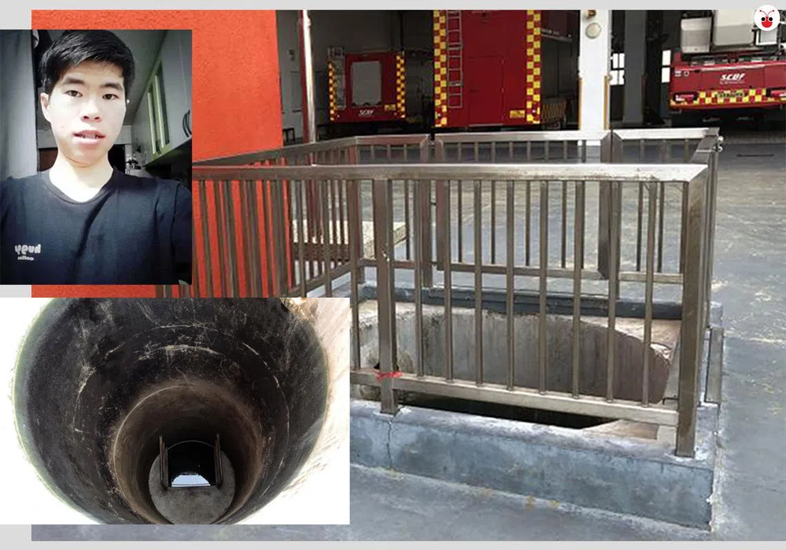 大士景消防局全职服役人员郭俨进中士前晚被同僚丢进消防局的泵井后，再也没有浮上水面。（谢静怡制图）