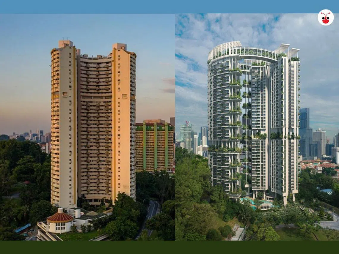 2023年竣工的One Pearl Bank（右）与即将被拆除的珍珠苑公寓（左）长得有点神似。（张丽苹制图）