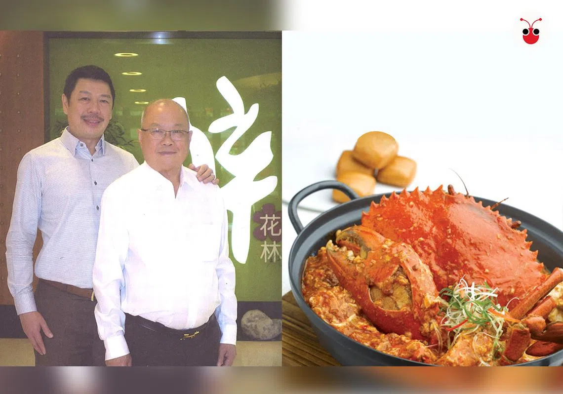 创办珍宝海鲜集团的黄南德与黄建铭父子，让辣椒螃蟹名扬海外。（曾庆祥制图）