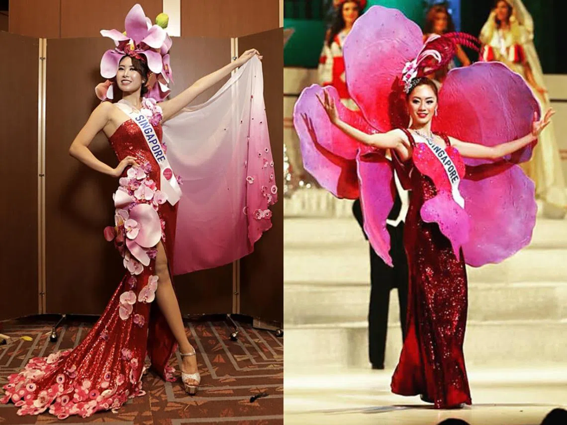 左为今年的新加坡国际小姐国服，右为2016年新加坡国际小姐国服。（国际小姐面簿）