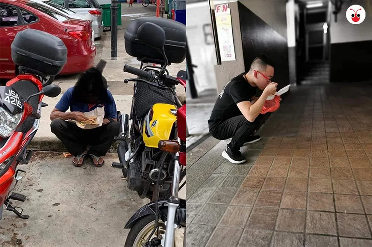  禁止堂食限制上路后，不少须长时间在外打拼的工作人士，只能选择打包食物，在马路旁、组屋走廊等地方快速用餐。（Umbrage Singapore面簿 / 红蚂蚁制图） 