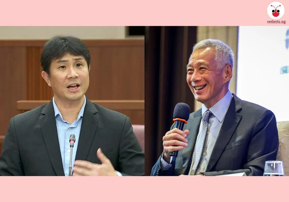 林志蔚（左）与李显龙罕见地在社媒平台上辩论。（红蚂蚁制图）