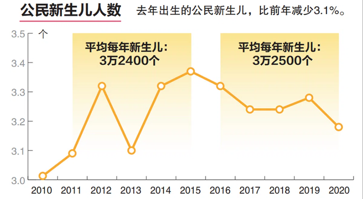 2010年至2020年间，每年出生的公民新生儿介于3万至33万7000人。（联合早报）