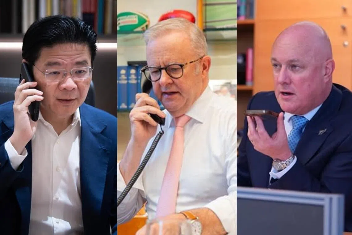 （左起）新加坡总理黄循财、澳大利亚总理阿尔巴尼斯和新西兰总理拉克森近几天都忙着打电话。