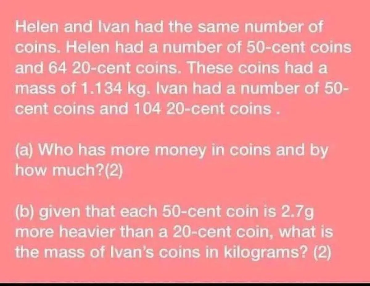 网上疯传的小六会考数学题，题目中“更更重”（more heavier）一词语法不正确。（互联网）