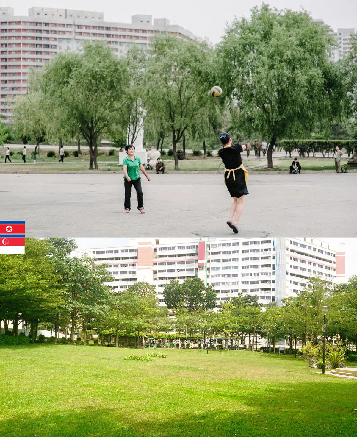  上图：平壤一间餐馆外，服务人员在休憩时都跑到户外打排球。许多网友留言说，这样的绿化环境看上去真的“非常新加坡”。（Mindy Tan摄） 下图：新加坡实龙岗区的政府组屋。（互联网）   