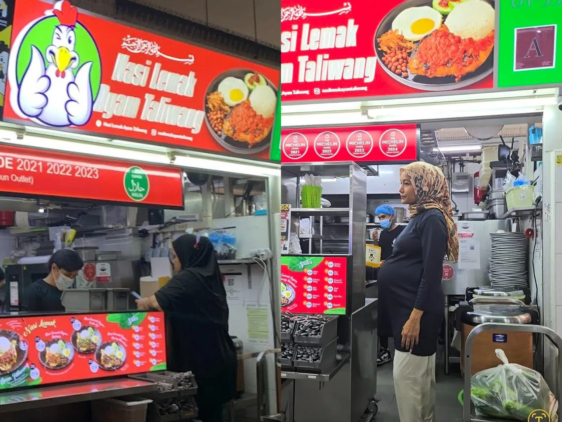 位于义顺公园小贩中心的Nasi Lemak Ayam Taliwang，右图为摊主孕妻站在摊位前。（Noorman Mubarak脸书/谷歌）
