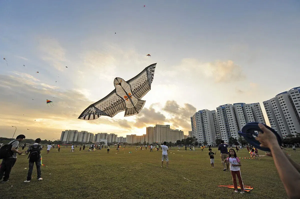 2010年在榜鹅域径草地举办的新加坡风筝日，如今这片草地已建起了公寓。（海峡时报档案照）