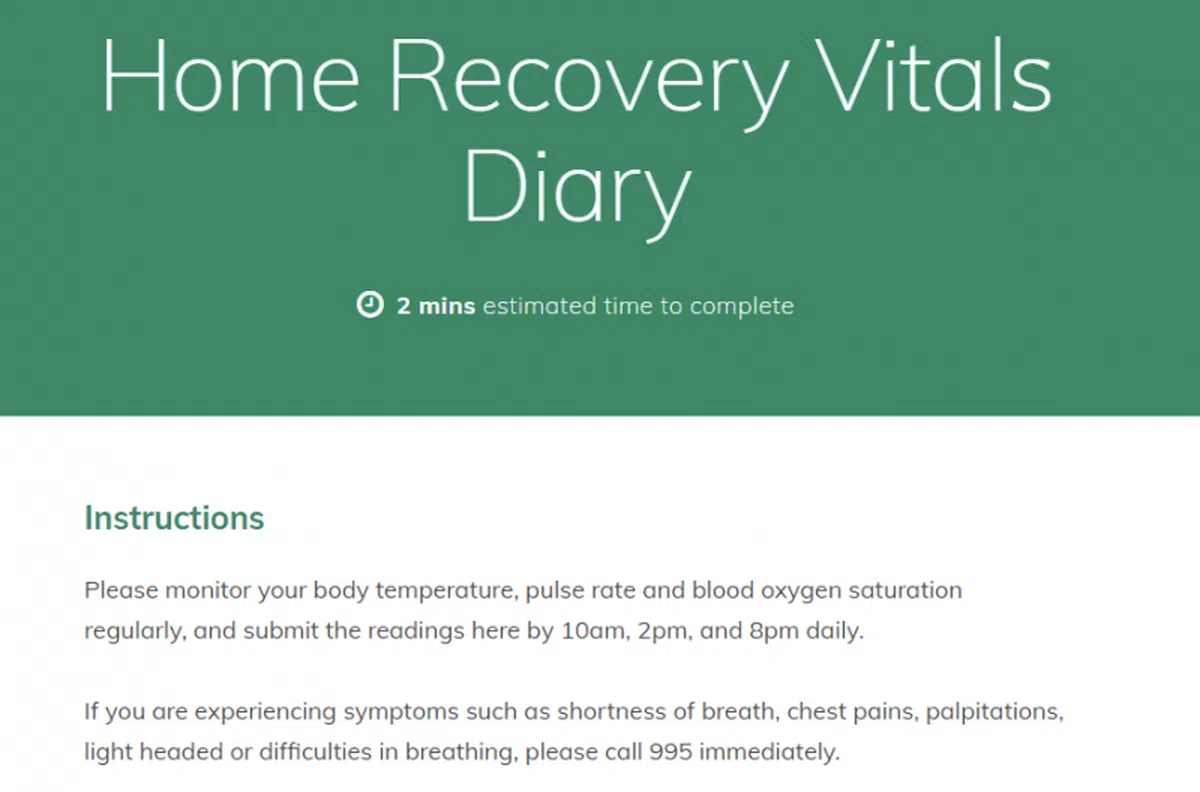 居家康复者每天需花2分钟体温、脉搏和血氧含量的读数。（网站截图）