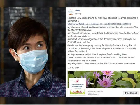 右图为指控者Donald Liew的面簿道歉贴文，左图为人力部长兼内政部第二部长杨莉明。（红蚂蚁制图）