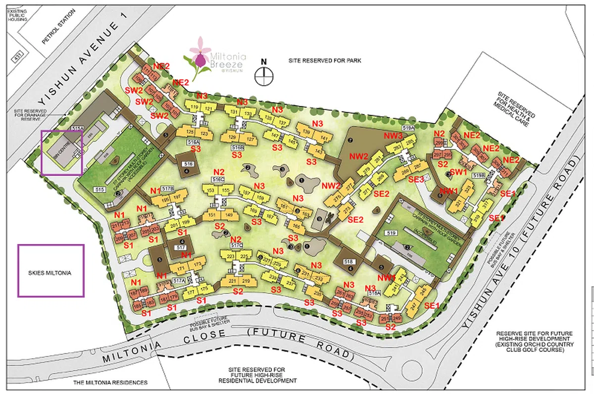 （紫色格子）组屋的中央垃圾槽被指“靠近”Skies Miltonia。（建屋局）