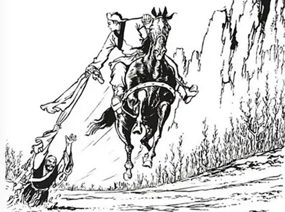 《射雕英雄传》第38回，郭靖骑着汗血宝马，放下长衣的一端，“双腿一夹，大喝一声。小红马奋力前冲，波的一声响，将欧阳锋从软沙之中直拔出来，在雪地里拖曳而行。”