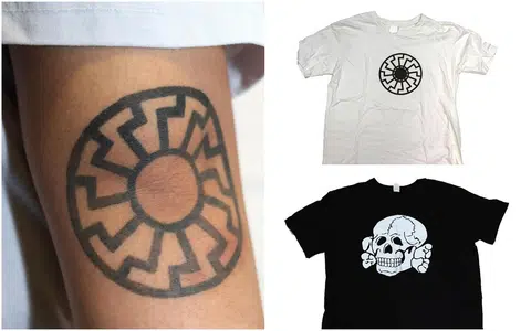 18岁的李洐秋右肘上的纹身，以及T恤上特别印制的标志，常为新纳粹、白人至上主义者及其他极右翼团体使用。 （内部安全局提供）