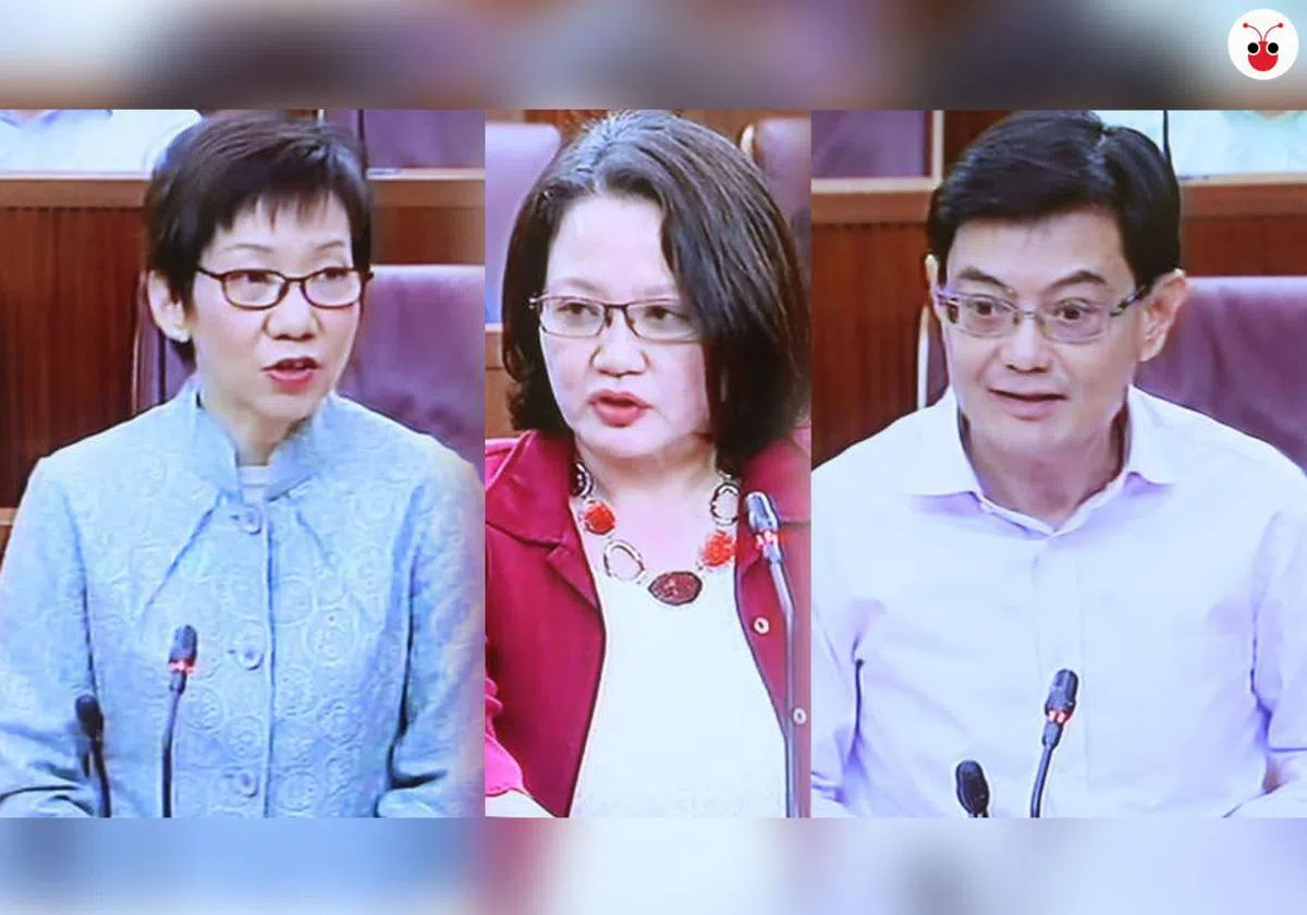  林瑞莲（中）因质疑政府在GST问题上释放“热气球”，被人民行动党多位部长，包括国会领袖傅海燕（左）和财政部长王瑞杰（右）围剿。（谢静怡制图） 