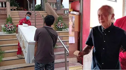 72岁的扬瓦卡尔（右）守护老伴棺椁21年，近日决定将她火葬，但心里仍是满满的不舍与悲痛。（取自面簿、红蚂蚁制图）