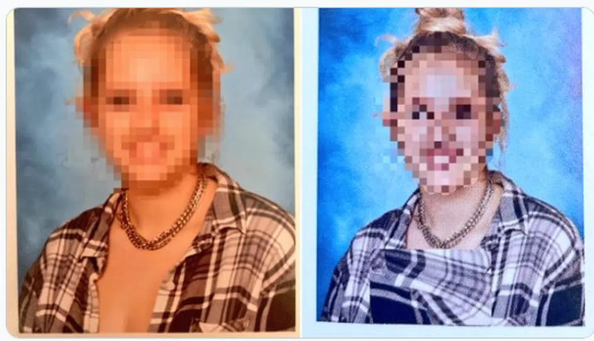  校方粗糙地把衣服的布料”移花接木“到女同学的胸前。（推特BenRyanANJax） 