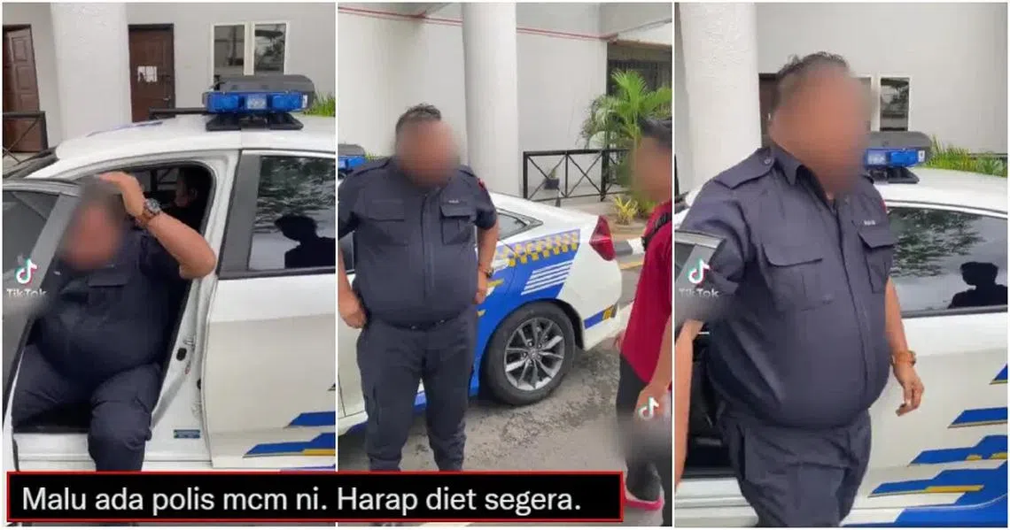 马国社交媒体去年疯传一部肥胖警员连下警车都举步维艰的视频，导致当地网民疾呼当局采取行动控管警察的体重。（TikTok视频截图）