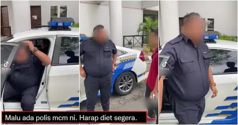 马国社交媒体去年疯传一部肥胖警员连下警车都举步维艰的视频，导致当地网民疾呼当局采取行动控管警察的体重。（TikTok视频截图）