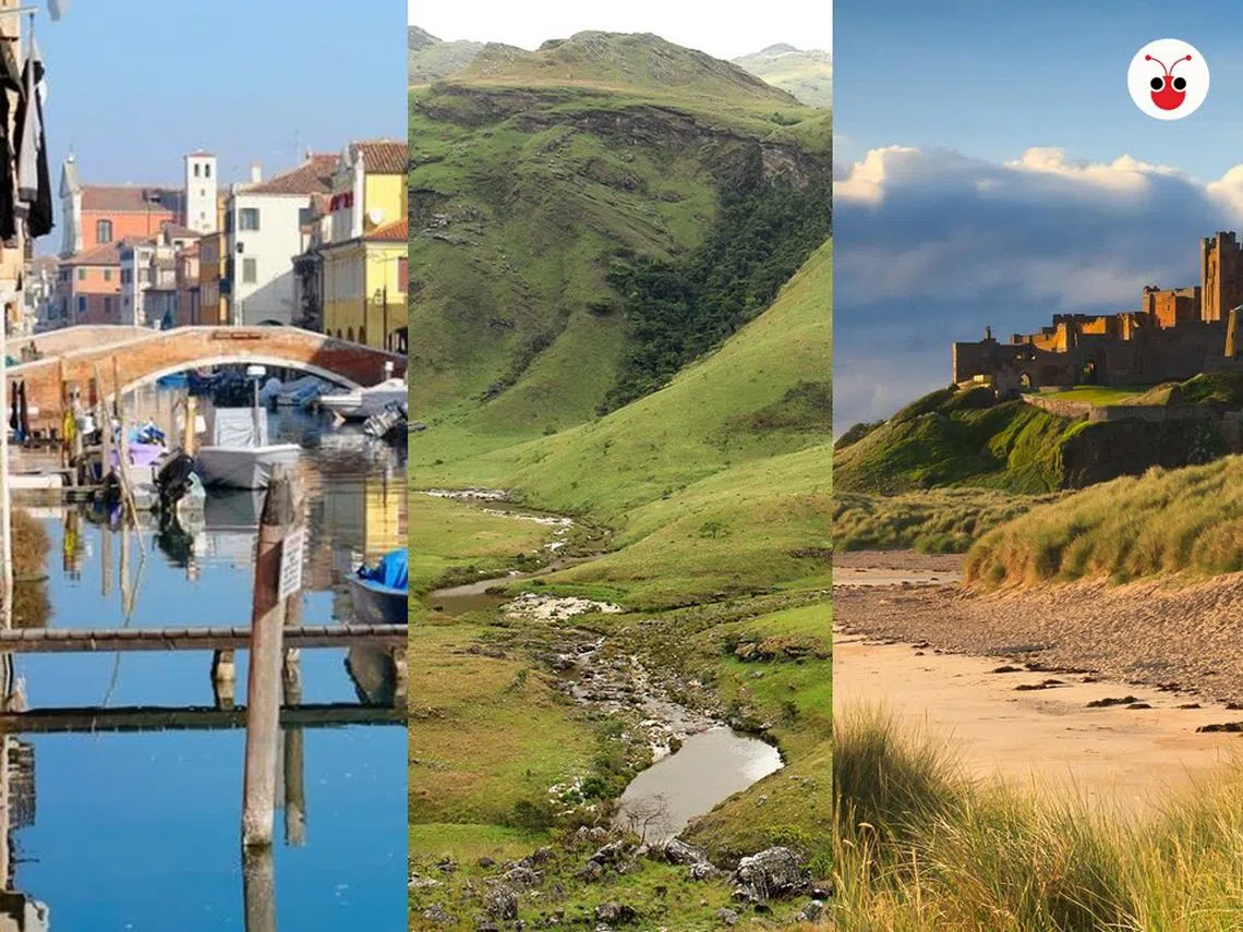 2022年必游目的地包括（左起）：意大利的基奥贾区（Chioggia），莫桑比克的齐马尼马尼国家公园（Chimanimani）和英国北部的Northumberland海岸线。（红蚂蚁制图）