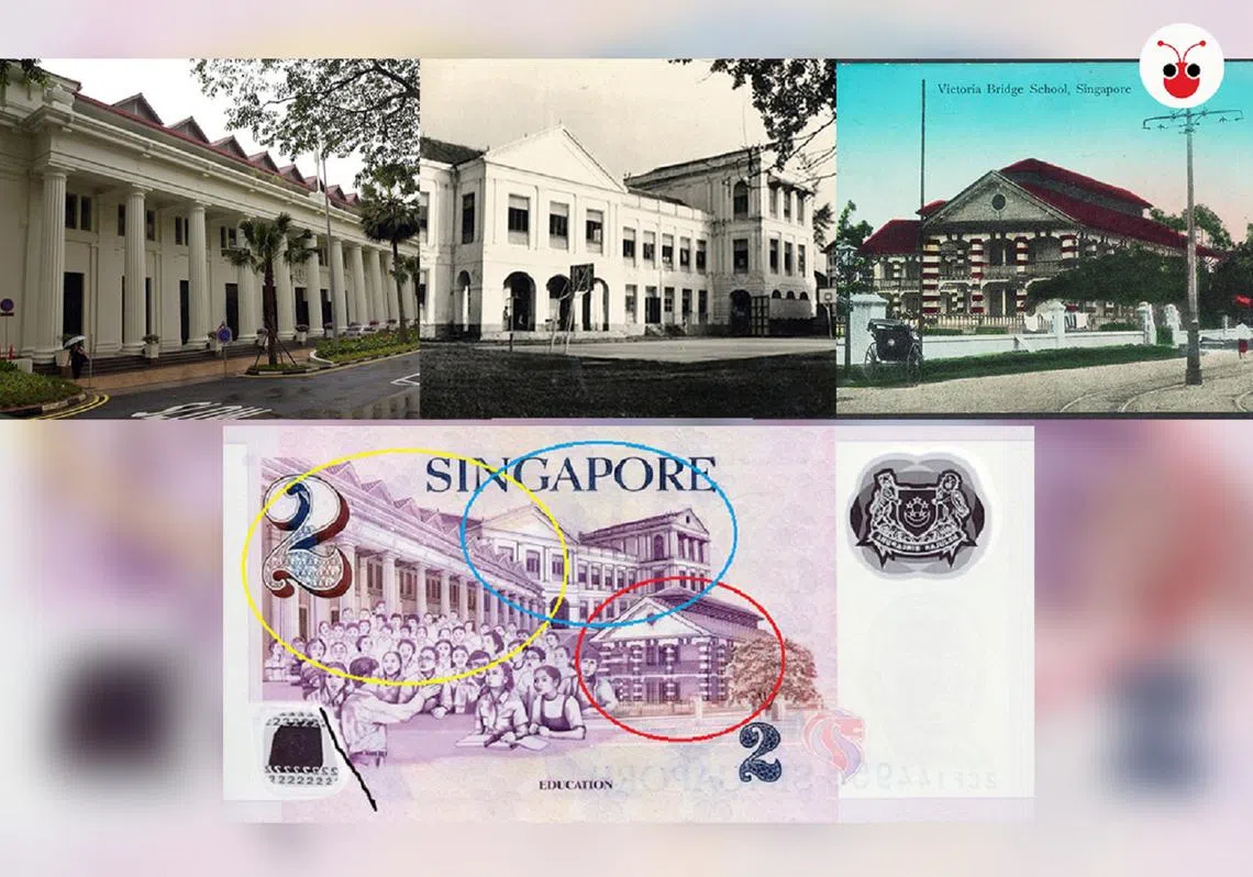 两元钞票背后的三所学校。（曾庆祥制图）