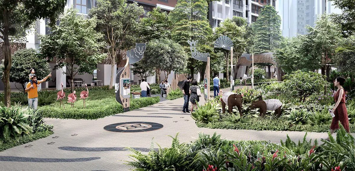 建屋局2019年推出位于榜鹅尾濒水区的Punggol Point Crown预购组屋，该项目将根据当年榜鹅动物园的动物自然生态，划分为五个主题区域。（建屋局提供设计师构想图）