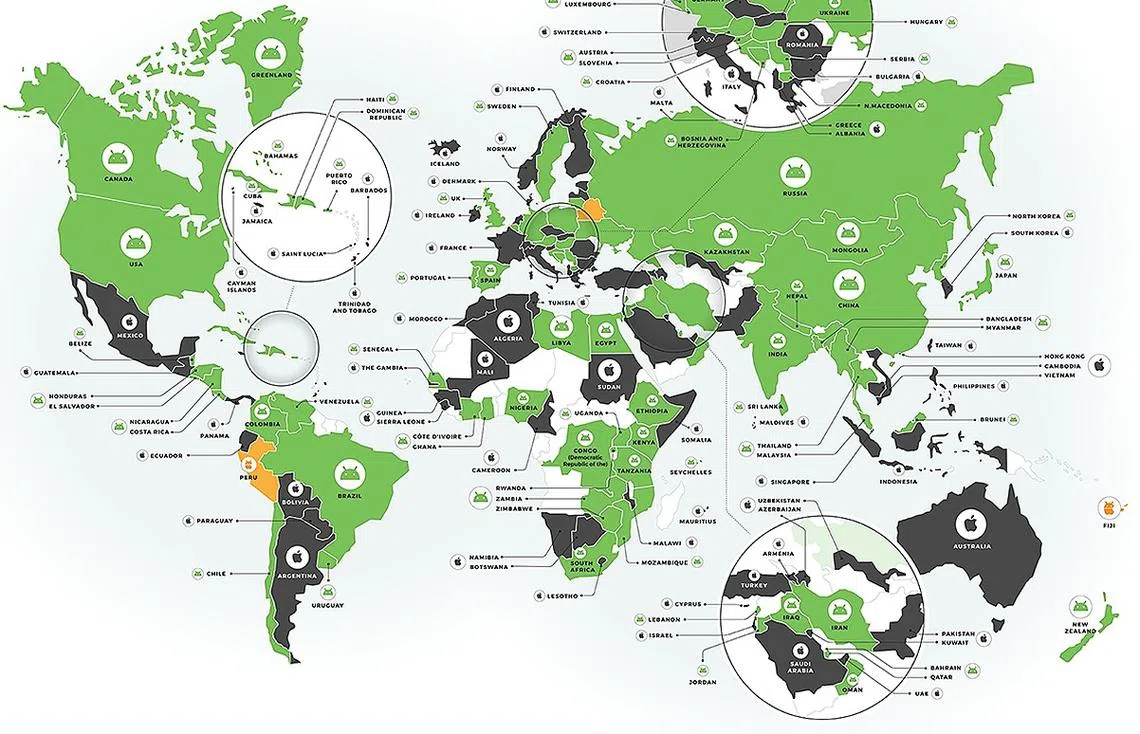 ElectronicsHub网站绘制出安卓和苹果的势力分布图，比比看哪款手机更受人们爱戴。（ElectronicsHub）