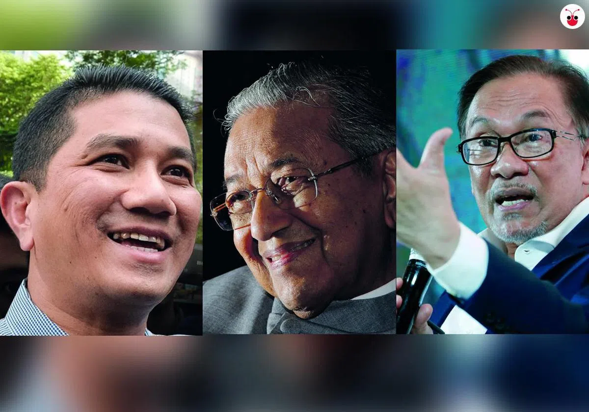  好乱的关系。马哈迪（中）用阿兹敏（左）来牵制安华（右）？（红蚂蚁档案制图） 