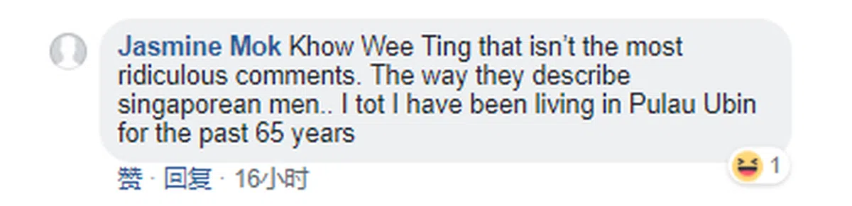  看他们描述新加坡男人的方式......我还以为过去的65年我是在乌敏岛生活的。 