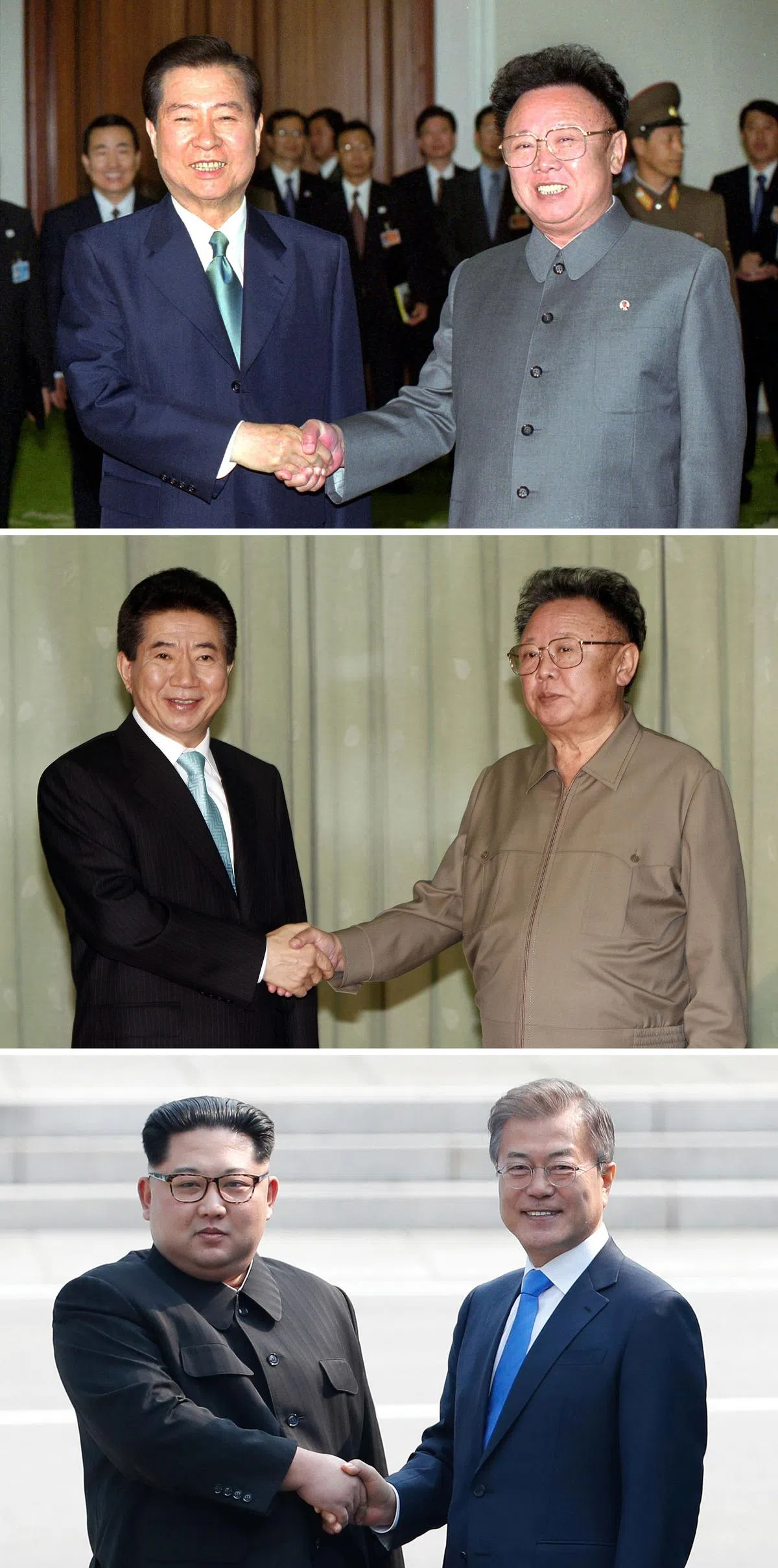  金正恩的父亲金正日（上右）曾在2000年和2007年在平壤分别与已故韩国总统金大中（上左）和卢武铉（中左）举行韩朝首脑会谈。 