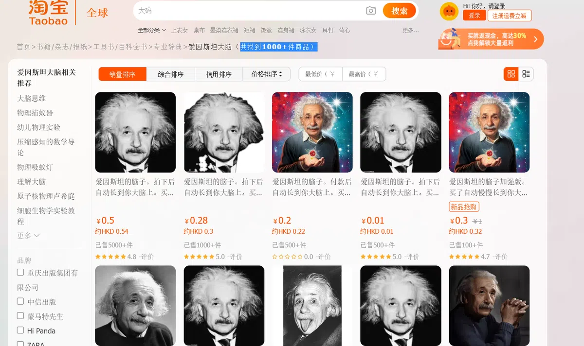 有多达1000个商家在出售“爱因斯坦大脑”的产品。（淘宝网截图）