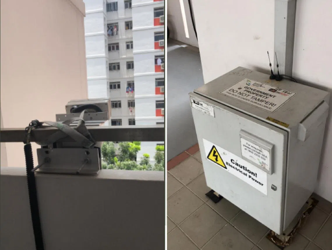 网民在社交媒体发照片称，环境局已经在组屋高楼设置摄像机抓烟客。（互联网）